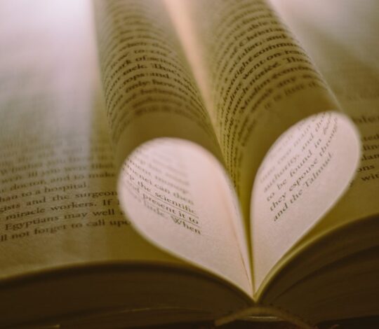 Open book with its pages folded inward to form a heart shape, casting a shadow on the text.