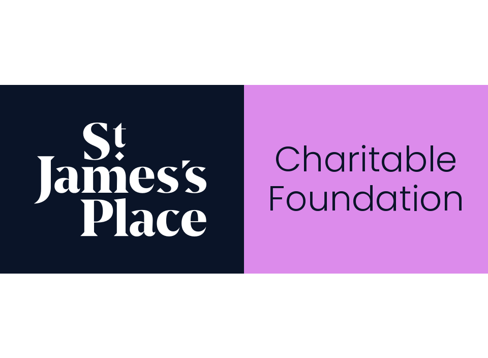 Logo of St. James's Place Charitable Foundation featuring the foundation's name on a black and pink background.
