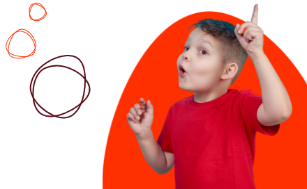 A child in a red shirt points upward with a thoughtful expression. Scribbled circles appear on the left side of the image. The background features an orange and black gradient.