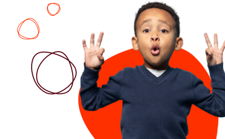 A child with an expressive face, wearing a navy blue top, holds up both hands with fingers spread. Red circular doodles are in the background.