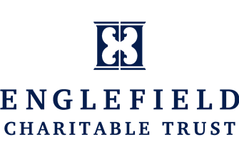 Logo of Englefield Charitable Trust with a symbol above the text consisting of two blue mirrored shapes.