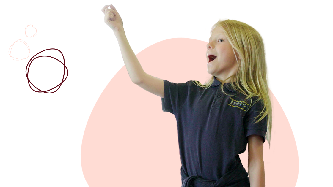 A child with long blonde hair wearing a dark polo shirt is enthusiastically pointing upwards against a background with a light pink shape and abstract circles.