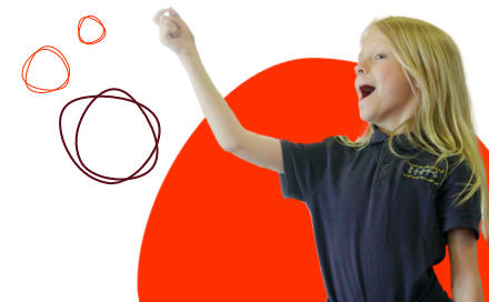 A child with long hair wearing a dark shirt is extending their arm upwards and looking in the same direction, standing in front of a red shape with doodles around them.
