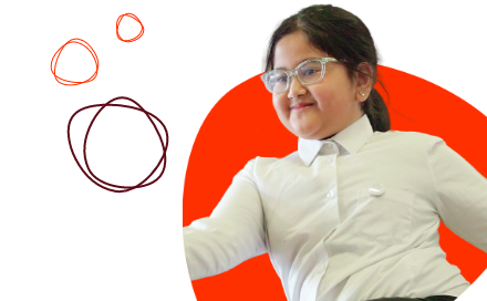 A person wearing glasses and a white shirt is extending their arm against a red background with circular doodles.