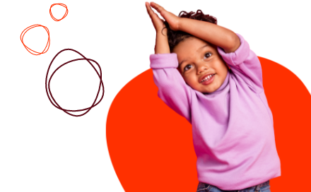 A child wearing a lavender shirt smiles and raises their arms against an orange background with abstract circular designs to the left.
