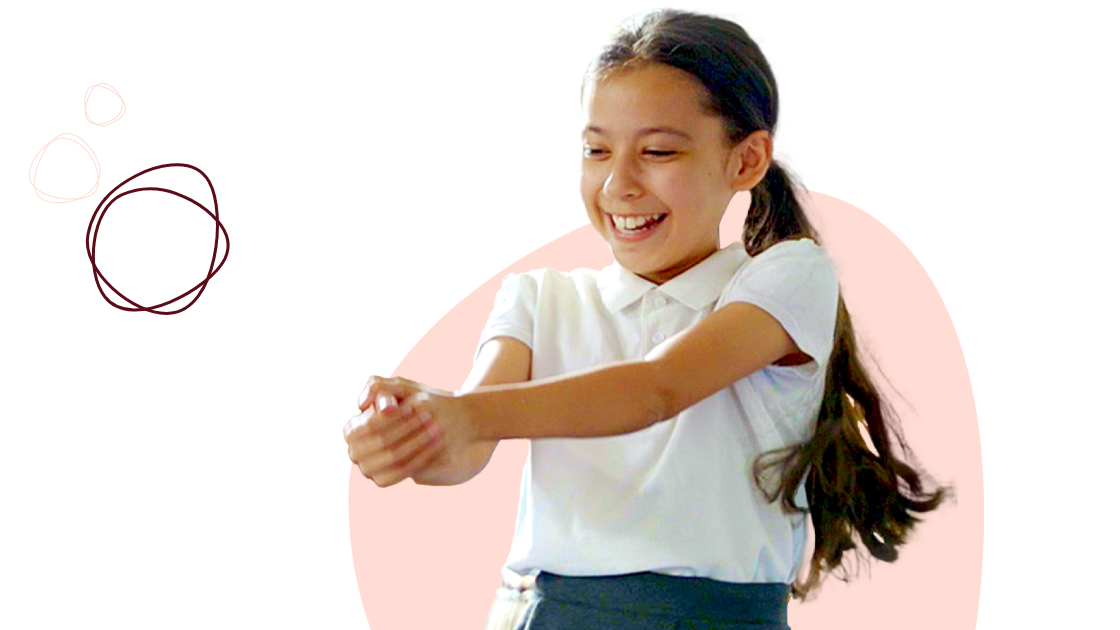 A young girl with long hair, wearing a white shirt, smiles while extending her arms forward. A light pink shape and three doodled circles are in the background.