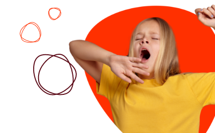 A young child wearing a yellow shirt is yawning with their hand covering their mouth against an orange background with circular doodles.