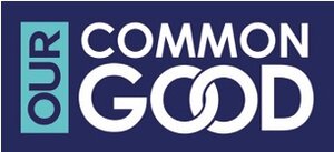 The image features the text "OUR COMMON GOOD" in bold white letters on a dark blue background, with "OUR" in a turquoise vertical box. The interlocking letters "OO" in "GOOD" form a chain-like design.