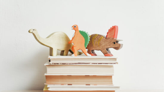 Three colorful wooden dinosaur toys are arranged on top of a stack of books against a plain white background.