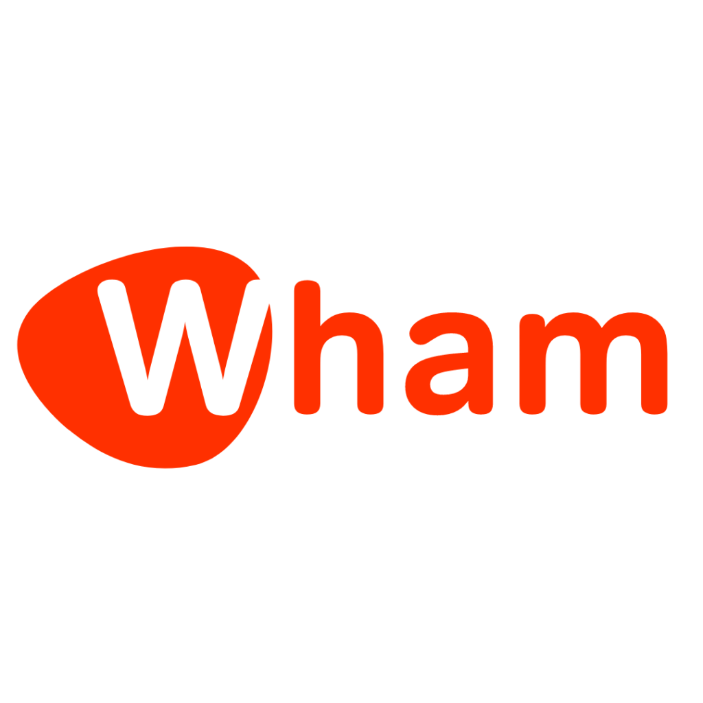 An orange, oval-shaped logo with the word "Wham" written in white, bold letters.