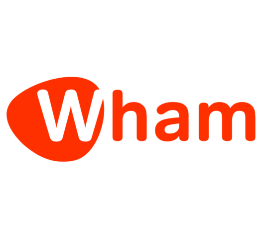 An orange, oval-shaped logo with the word "Wham" written in white, bold letters.