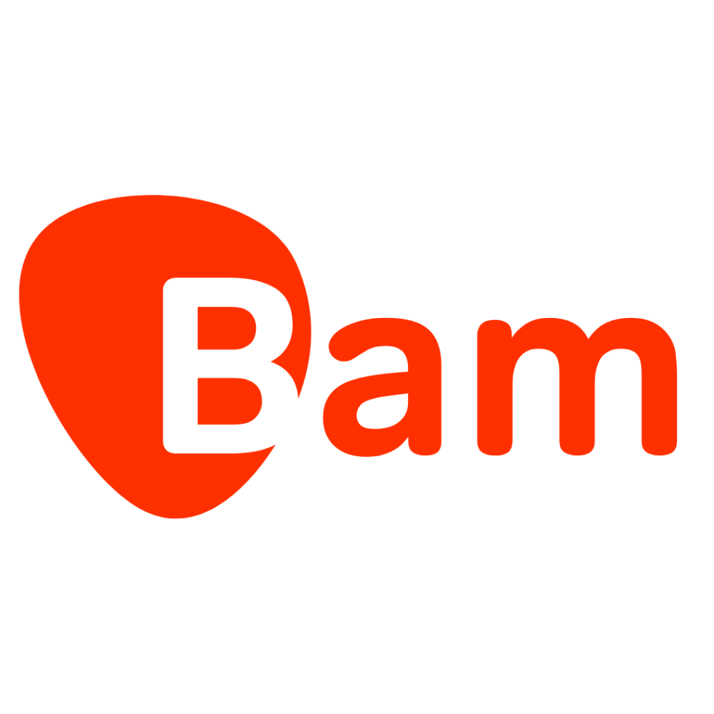 Logo featuring the word "Bam" in lowercase letters with a bold, red color. The "B" is enclosed in a red speech bubble shape. The background is white.