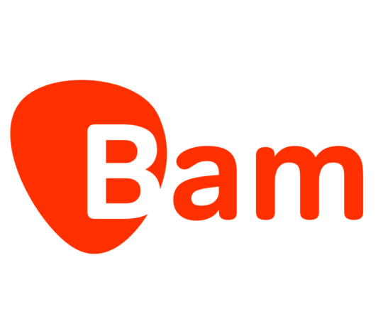 Logo featuring the word "Bam" in lowercase letters with a bold, red color. The "B" is enclosed in a red speech bubble shape. The background is white.