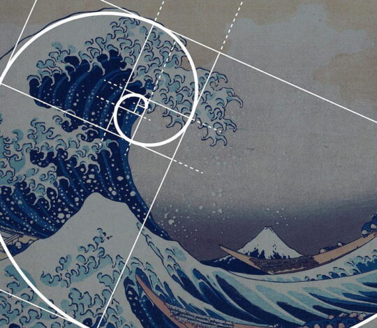 A famous Japanese wave print incorporating a Fibonacci spiral overlay in white lines, highlighting the compositional balance and mathematical harmony within the artwork.