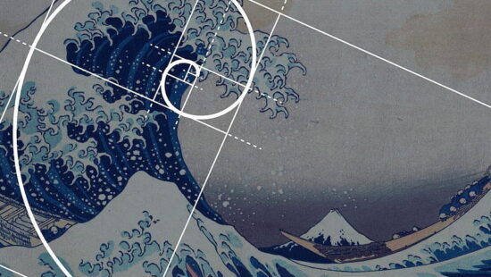 A famous Japanese wave print incorporating a Fibonacci spiral overlay in white lines, highlighting the compositional balance and mathematical harmony within the artwork.