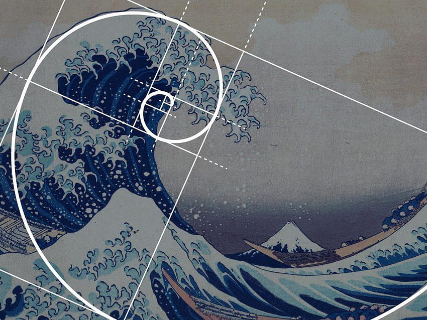 A famous Japanese wave print incorporating a Fibonacci spiral overlay in white lines, highlighting the compositional balance and mathematical harmony within the artwork.