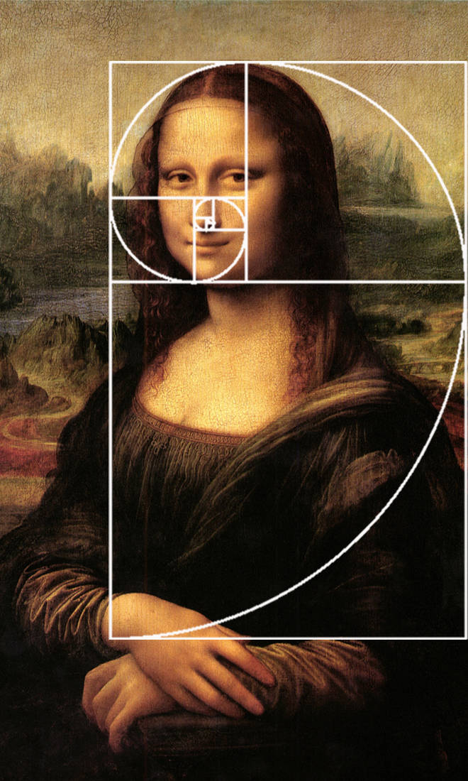 A painting of a woman with a faint smile is overlaid with a white Fibonacci spiral. The background shows a landscape with mountains, water, and a path.