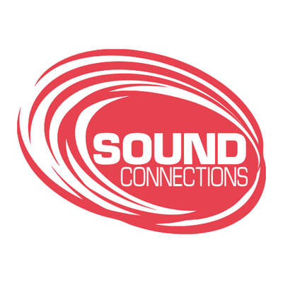 The image is a logo featuring the words "Sound Connections" in white text on a red, swirling oval background.