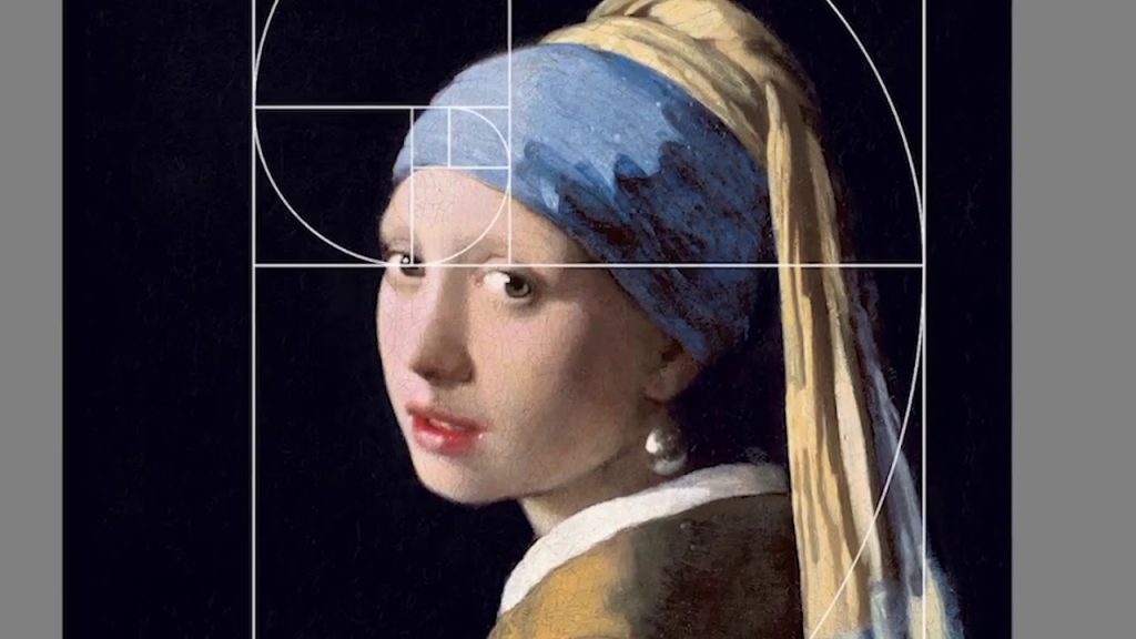 The image shows "Girl with a Pearl Earring" by Johannes Vermeer, overlaid with the golden ratio grid highlighting compositional elements.