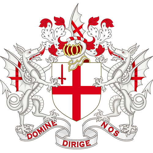 A heraldic coat of arms featuring a shield with a red cross, flanked by two dragons, topped with a crown and white foliage. The motto "Domine Dirige Nos" is displayed beneath.