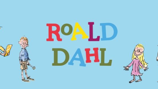 Colorful illustration of children interacting with books and toys, with the text "Roald Dahl" in the center. The background is light blue. Artwork by Quentin Blake.