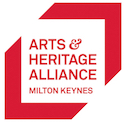 Logo of Arts & Heritage Alliance Milton Keynes featuring red, overlapping corner brackets around the text.