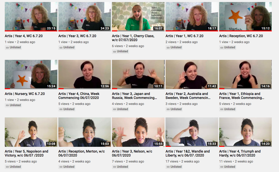 Thumbnails of online video lessons showing various educators teaching students in different year groups. Each video thumbnail includes the duration and the text "Artis | Year X, WC 6/7/20" with various locations.