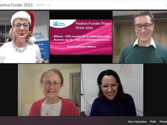 A video call screenshot shows four people smiling. The top-left participant wears a Santa hat. Text on the screen includes "TFN Festive Funder 2021," and details of a prize draw for "Festive Funder Prize Draw 2021.