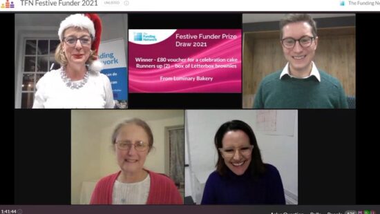 A video call screenshot shows four people smiling. The top-left participant wears a Santa hat. Text on the screen includes "TFN Festive Funder 2021," and details of a prize draw for "Festive Funder Prize Draw 2021.