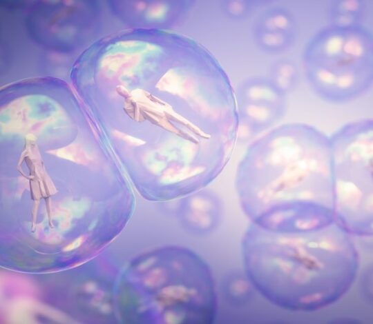 Several human-like figures are encased in translucent bubbles floating in a purple-tinged environment. The bubbles are reflective with an iridescent sheen.