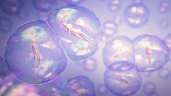 Several human-like figures are encased in translucent bubbles floating in a purple-tinged environment. The bubbles are reflective with an iridescent sheen.