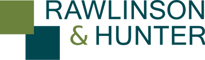 Logo displaying the text "RAWLINSON & HUNTER" with a minimalist design. Letters are in uppercase and colored in dark teal and green.
