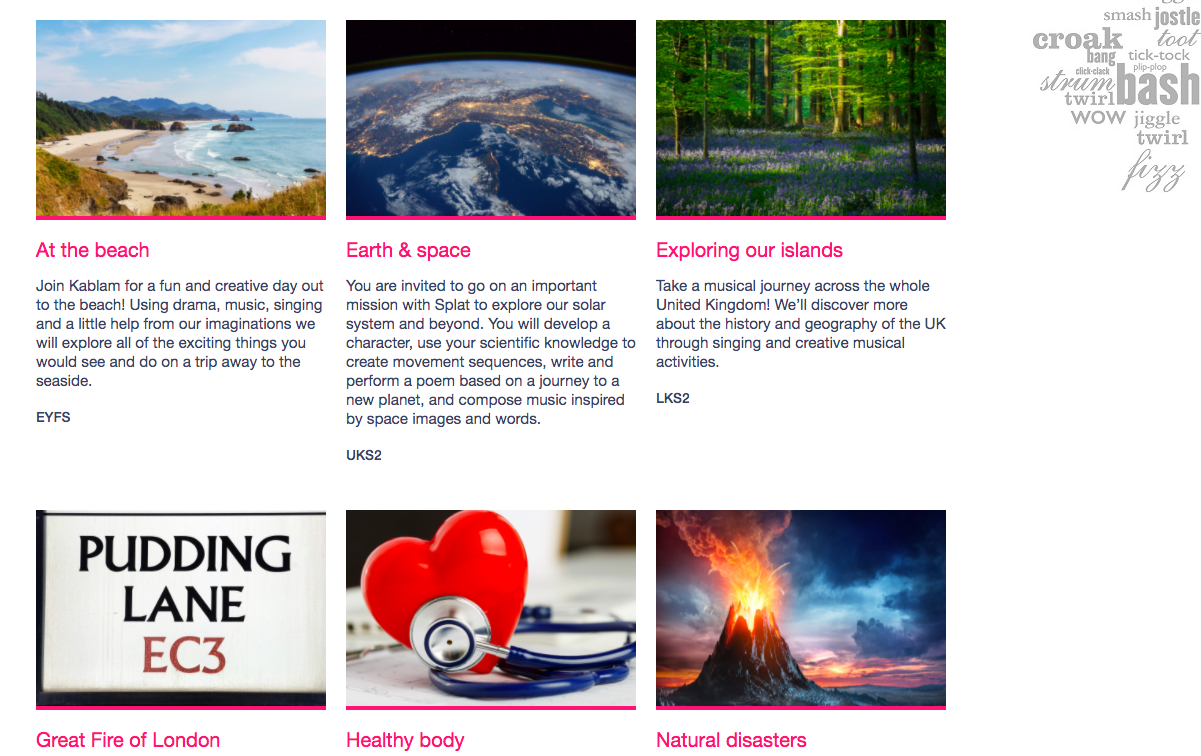 A webpage showing six educational topics: a beach scene, Earth and space, island exploration, the Great Fire of London, a stethoscope, and a natural disaster image. Each topic has a brief description.