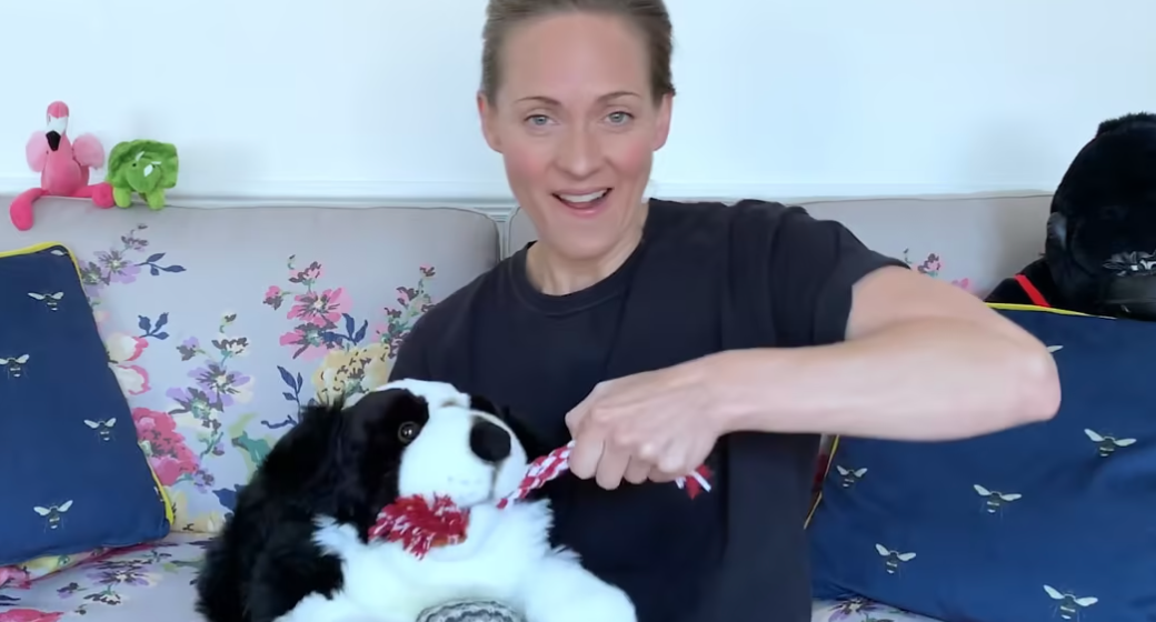 A person sitting on a sofa plays tug-of-war with a stuffed dog toy using a red and white rope.