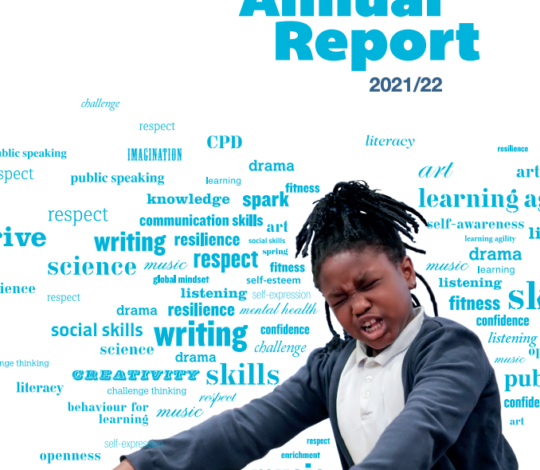 Cover of the Artis Annual Report 2021/22 featuring a child making an expressive pose, surrounded by words related to arts and education, such as "learning," "skills," and "creativity.