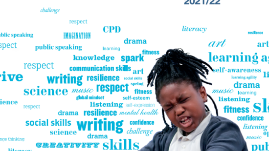 Cover of the Artis Annual Report 2021/22 featuring a child making an expressive pose, surrounded by words related to arts and education, such as "learning," "skills," and "creativity.