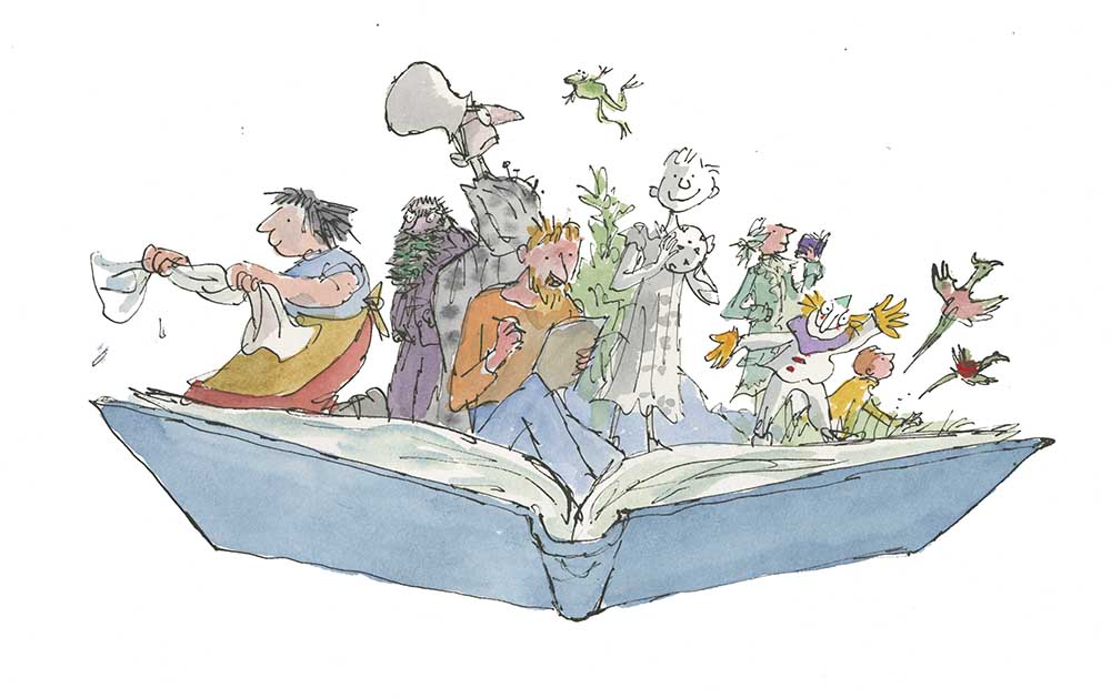 Illustration of various whimsical characters emerging from an open book, including a person painting, another blowing a horn, and several other imaginative figures.